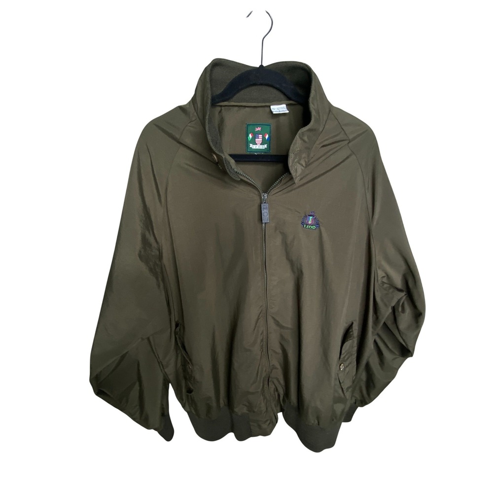 Izod Mens Harrington Jacket L Olive Green Vintage Style Bomber Windbreaker Golf‎